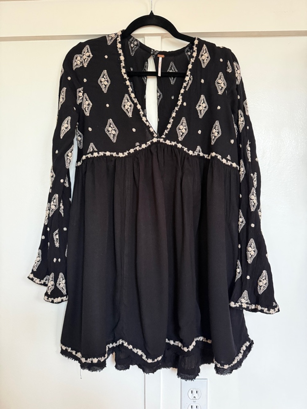 Free People Black Gauzy Embroidered Long Sleeve Peasant Blouse
